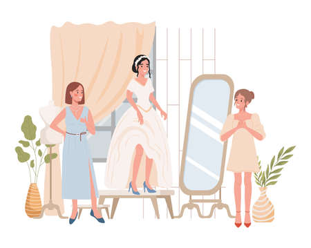 Happy smiling bride trying on wedding dress vector flat illustration. Fashion atelier interior design.のイラスト素材