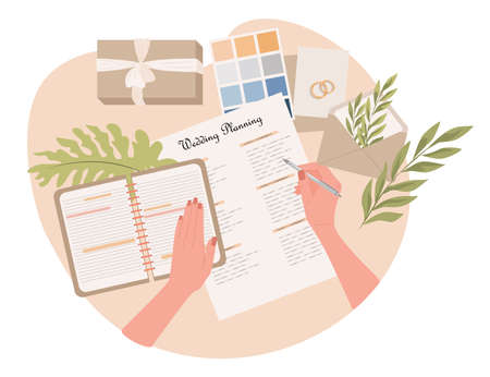 Wedding planning vector flat illustration. Woman hands writing notes in notebook about wedding ceremony.のイラスト素材