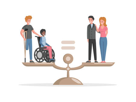 Disabled people and valid people standing on scales vector flat illustration. Equal rights for everyone concept.のイラスト素材