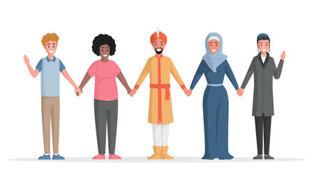 Group of multiethnic people vector flat illustration. Diverse people standing together. Diversity and social togetherness.のイラスト素材