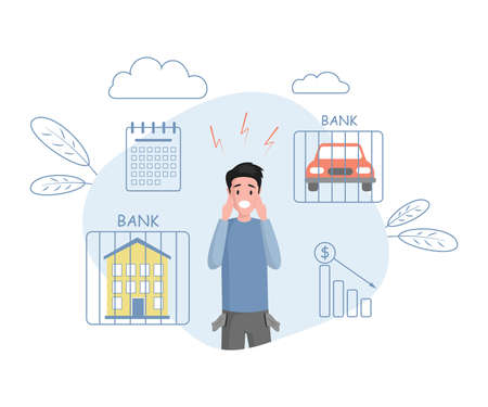 Bankruptcy vector flat illustration. Young man with empty pockets. Man losing home and car, financial issues.のイラスト素材
