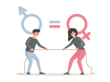Male and female characters pulling rope against each other vector flat illustration. Battle of sexes concept.のイラスト素材
