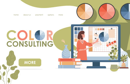Color consulting vector flat landing page template. Woman showing color templates, presenting design...