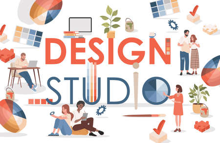 Design studio vector flat banner template with text space. Happy smiling people working at design project together.のイラスト素材
