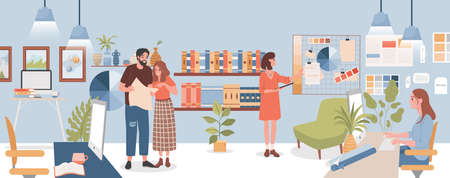 Design studio vector flat illustration. Colleagues discussing work, young woman making design project at computer.のイラスト素材