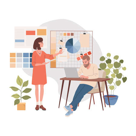 Design studio interior vector flat illustration. Male and female characters working together at design project.のイラスト素材