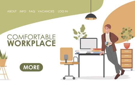 Comfortable workplace vector flat landing page template with text space. Man holding cup of coffee.のイラスト素材