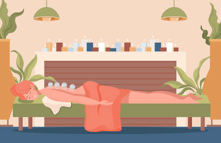 Young pretty woman lying on sofa with closed eyes and cups on her back vector flat illustration.のイラスト素材