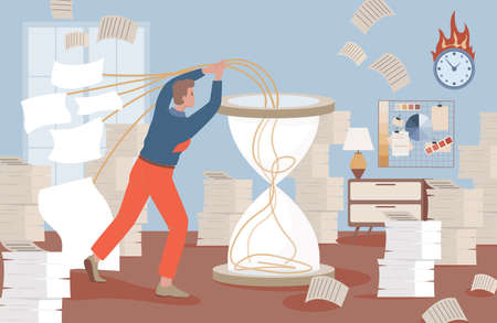 Man puts work projects in hourglass vector flat illustration. Time management, workflow optimization, organization.のイラスト素材