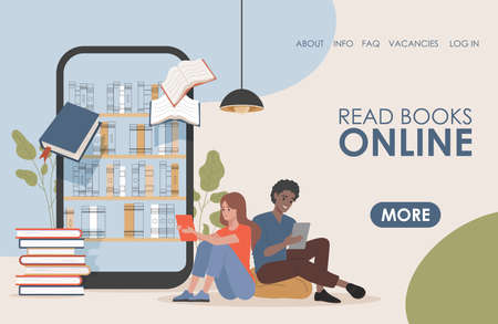 Read book online vector flat landing page template. Young happy man and woman reading electronic books.のイラスト素材