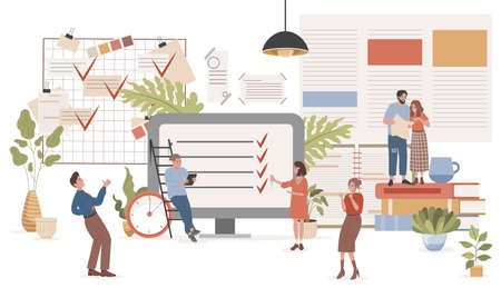 Time management vector flat illustration. Happy smiling people planning work, discussing their projects.のイラスト素材