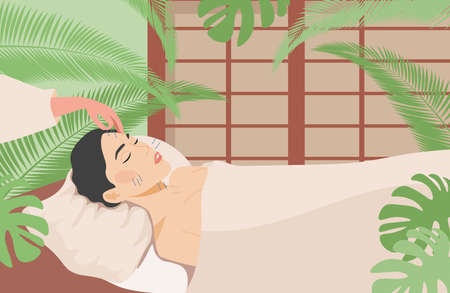 Young pretty woman lying on sofa with closed eyes and needles in her face vector flat illustration.のイラスト素材