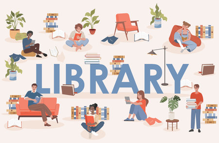 Library word vector flat poster design. People sitting and studying, working, and reading books.のイラスト素材