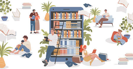 Online library vector flat illustration. People sitting in comfortable poses and preparing for examinations.のイラスト素材