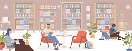 People sitting in armchairs and reading books, studying, working on computer at public library vector flat illustration.のイラスト素材