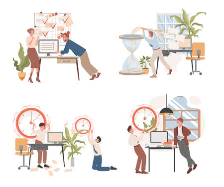 Deadline and workflow organization vector flat illustration. Productivity, work optimization concept.のイラスト素材