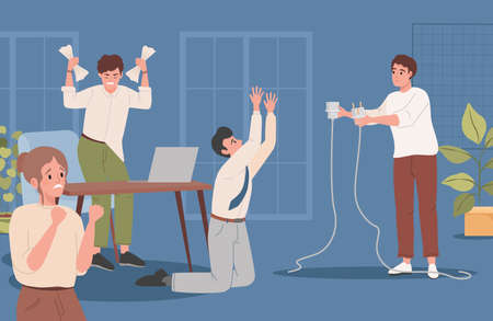 Man hold unplugged cable vector flat illustration. Office workers stressed with non-functioning office equipment.のイラスト素材