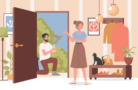 Man with flower bouquet apologizing to his girlfriend or wife vector flat illustration. Troubles in couple relationships.のイラスト素材