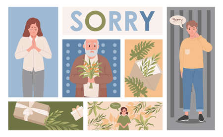 Men and women apologizing to offended people sending excusing gifts vector flat illustration.のイラスト素材