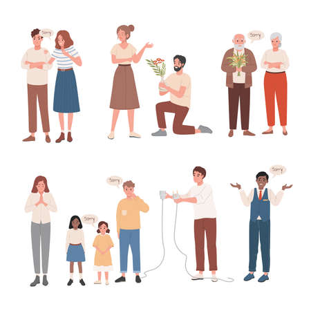 Set of men and women saying sorry to their close people vector flat illustration. Human relationships concept.のイラスト素材