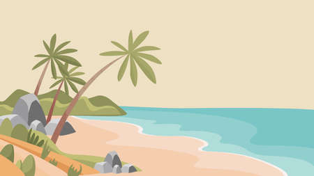 Sandy tropical beach vector flat illustration. Uninhabited desert island with blue sea and white sandy beach.のイラスト素材