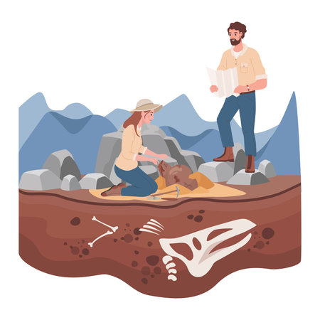 Man and woman scientists in history expedition vector flat illustration. Archeological excavation...