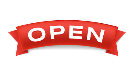 Open vector flat sign isolated on white background. Text on red ribbon. Open business, shop, or store label concept.のイラスト素材