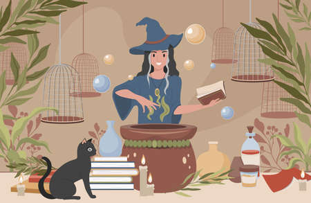 Happy smiling woman in witch hat and blue dress preparing magic poison using book vector flat illustration.のイラスト素材