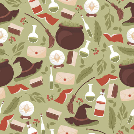 Magic seamless pattern. Preparing poison in cauldron, witch hats, magic books, envelopes, broomsticks.のイラスト素材
