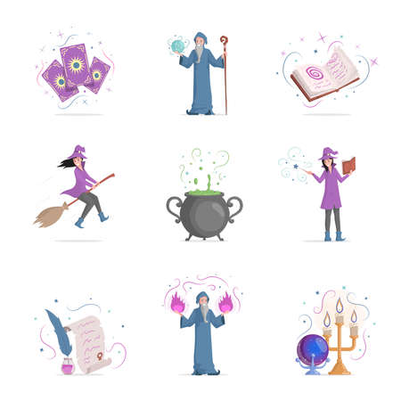Set of magic items vector flat illustration isolated on white background. Taro cards, wizards, witches, poisons.のイラスト素材
