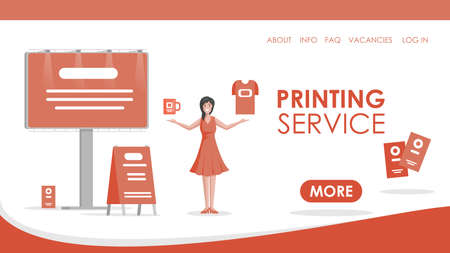 Printing service vector flat landing page template. Woman showing printing production, advertising materials.のイラスト素材