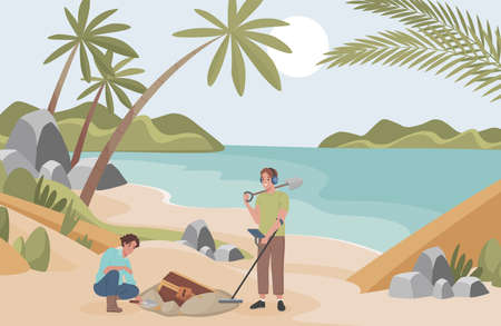 Archeologists finding treasure vector flat illustration. Men with archeological equipment searching for artifacts.のイラスト素材