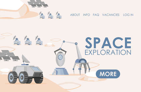 Space exploration landing page template. Solar panels, rovers, and scientific research vehicles vector flat illustration.のイラスト素材