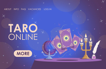 Taro online vector flat landing page template. Table with candles, magic ball, and witchcraft taro cards with sun sign.のイラスト素材