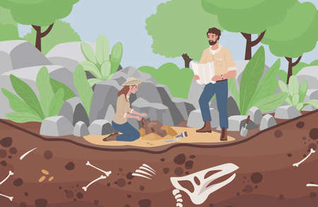 Archaeological excavation vector flat illustration. Men and women scientists in history expedition.のイラスト素材