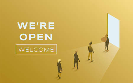 We are open vector flat poster design. People standing in line against open door. Advertising and promotion banner.のイラスト素材