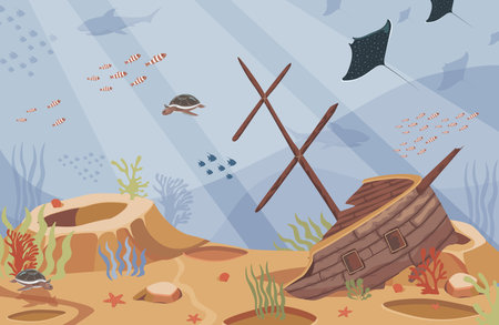 Sunken ship vector flat illustration. Broken boat underwater in a blue sea. Coral reef, tropical fish, stingrays, and turtles.のイラスト素材