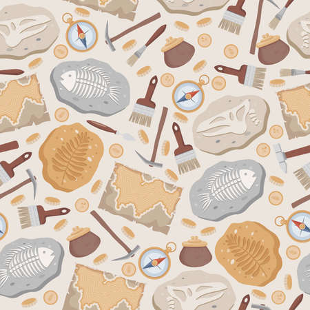 Fossil fish and dinosaurs skeletons, maps, compass, coins, brushes, and archeology tools vector flat seamless pattern.のイラスト素材