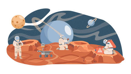 Astronauts and scientists exploring planet surface vector flat illustration. Planet colonization and space exploration.のイラスト素材