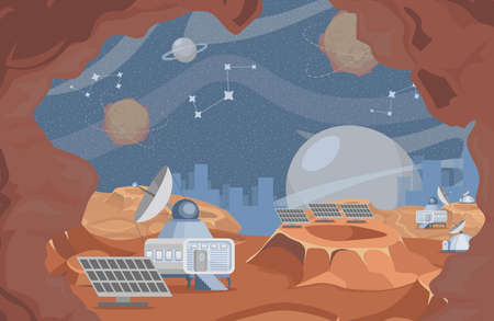 Space exploration vector flat illustration. Rover on planet surface, scientific research with robotic vehicles.のイラスト素材