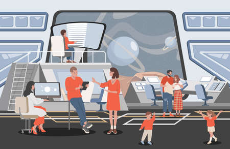 Space mission control center vector flat illustration. People working with computers to launch rocket to the cosmos.のイラスト素材