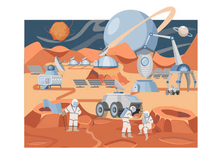 Mars colonization mission vector flat illustration. Group of astronauts and scientists exploring planet surface.のイラスト素材
