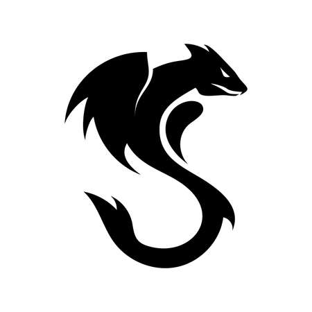 Black dragon logotype vector design isolated on white background. Dragon silhouette for company logo.のイラスト素材