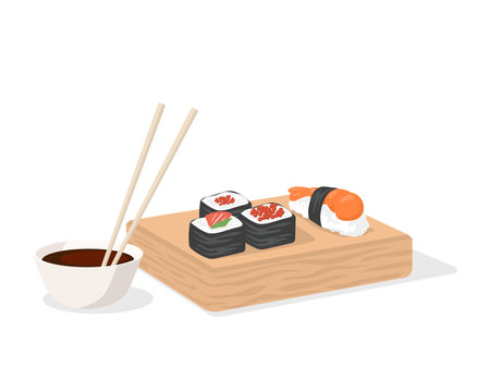 Sushi and soy sauce with chopsticks on wooden plate vector flat illustration isolated on white.のイラスト素材