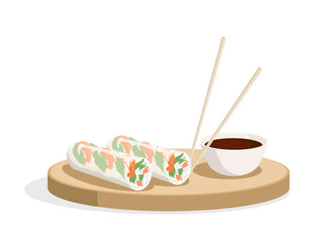 Spring rolls and soy sauce with chopsticks on the plate vector flat illustration isolated on white.のイラスト素材