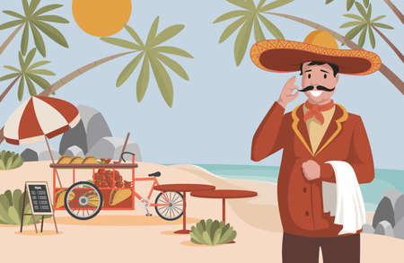 Mexican food vector flat illustration. Happy man in big Mexican hat sombrero standing near street food truck.のイラスト素材