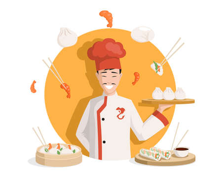 Chef in Chinese kimono vector flat illustration. Tasty delicious Chinese cuisine, dim sums, shrimps, spring rolls.のイラスト素材