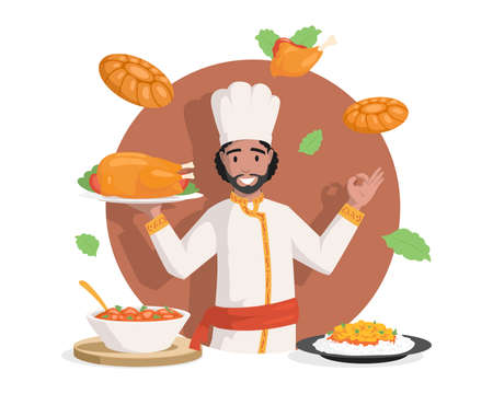 Chef in Indian clothes vector flat illustration. Tasty delicious Indian cuisine, chicken stew, stuffed chicken, curry with rice.のイラスト素材