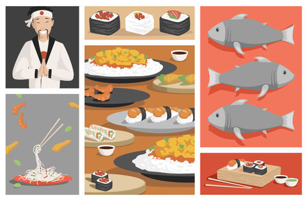 Tasty traditional Japanese food vector flat illustration. Fresh sushi and rolls with shrimps, salmon, caviar and rice.のイラスト素材