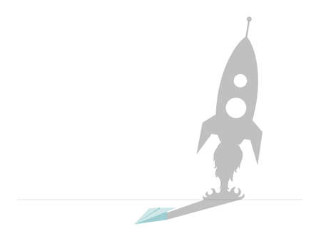 Paper plane with shadow in the shape of rocket vector flat illustration isolated on white background.のイラスト素材